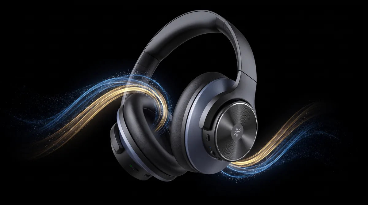 Headphones surrounded by flowing sound waves