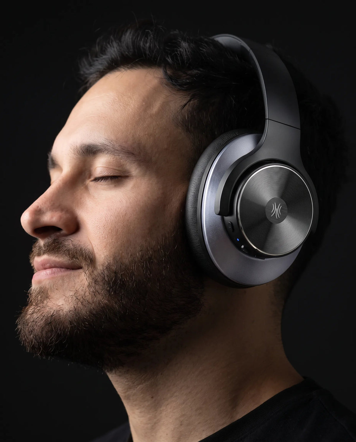 Wearing the headphones in black