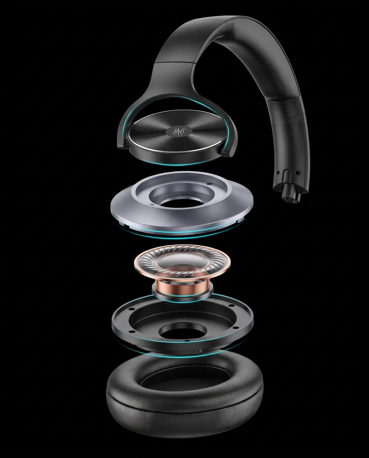 Exploded view of the ear cup: headband, cup, 40 mm driver, chamber and memory-foam cushion
