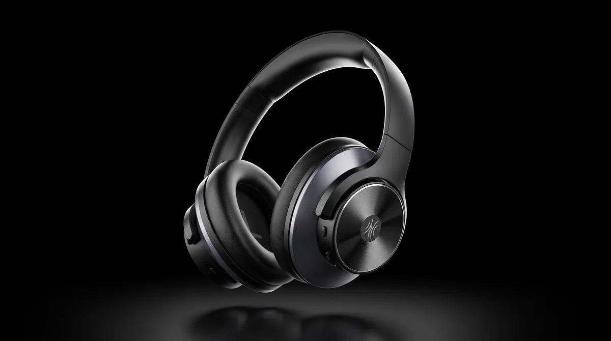 OneOdio A Series headphones in black, lit from above on a black background