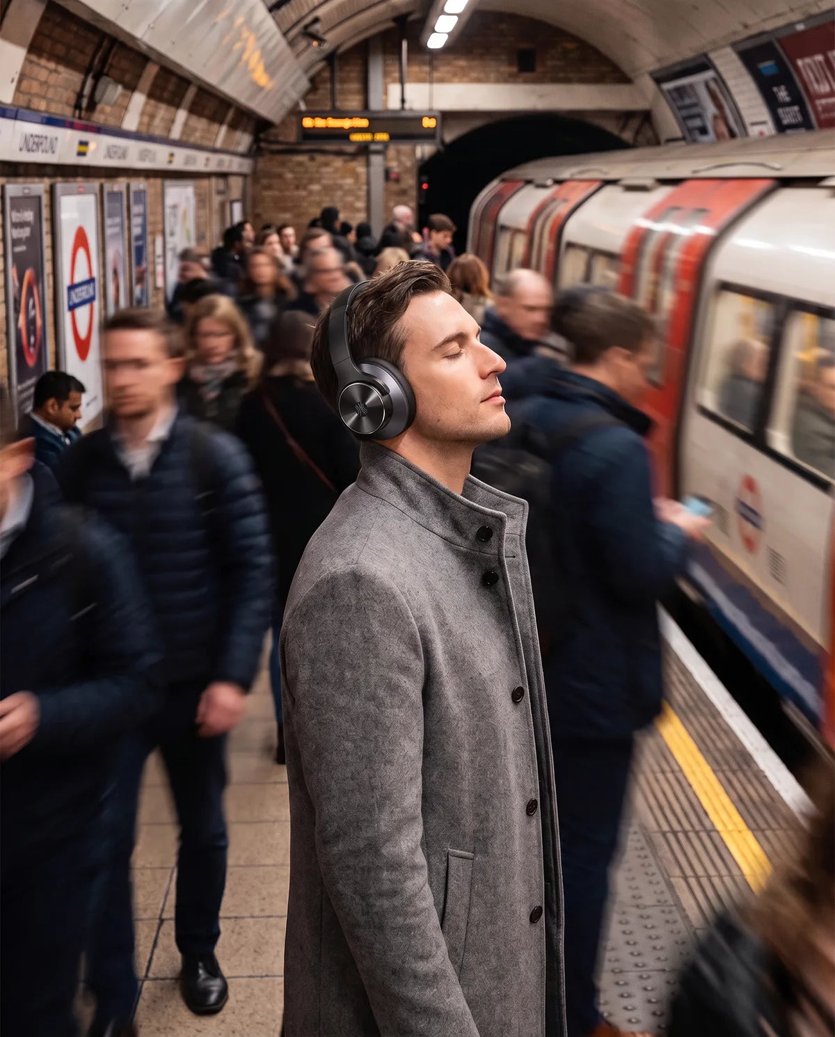 Commuter on a busy Underground platform wearing the headphones in black