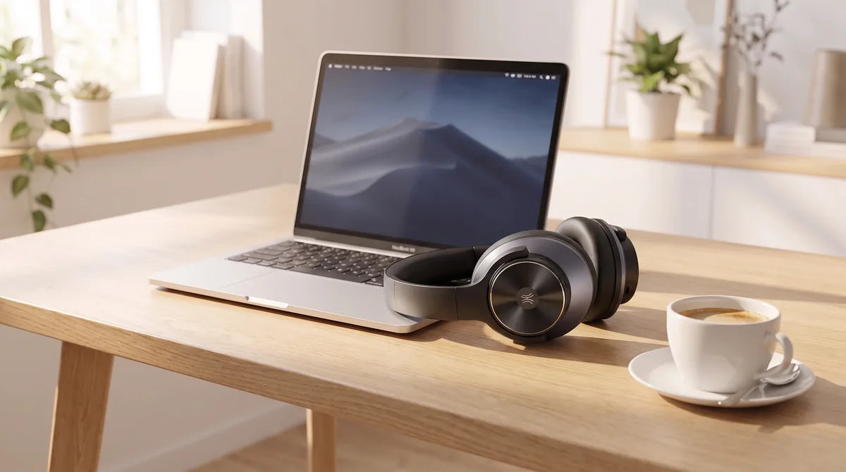 Black headphones on a desk next to a laptop and coffee